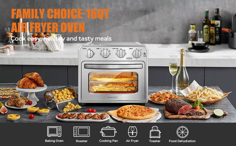 Geek Chef Air Fryer Toaster Oven Combo, 4 Slice Toaster Convection Air Fryer Oven Warm, Broil, Toast, Bake, Air Fry, Oil-Free, Accessories Included, Stainless Steel, Silver (16QT Air Fryer Oven)