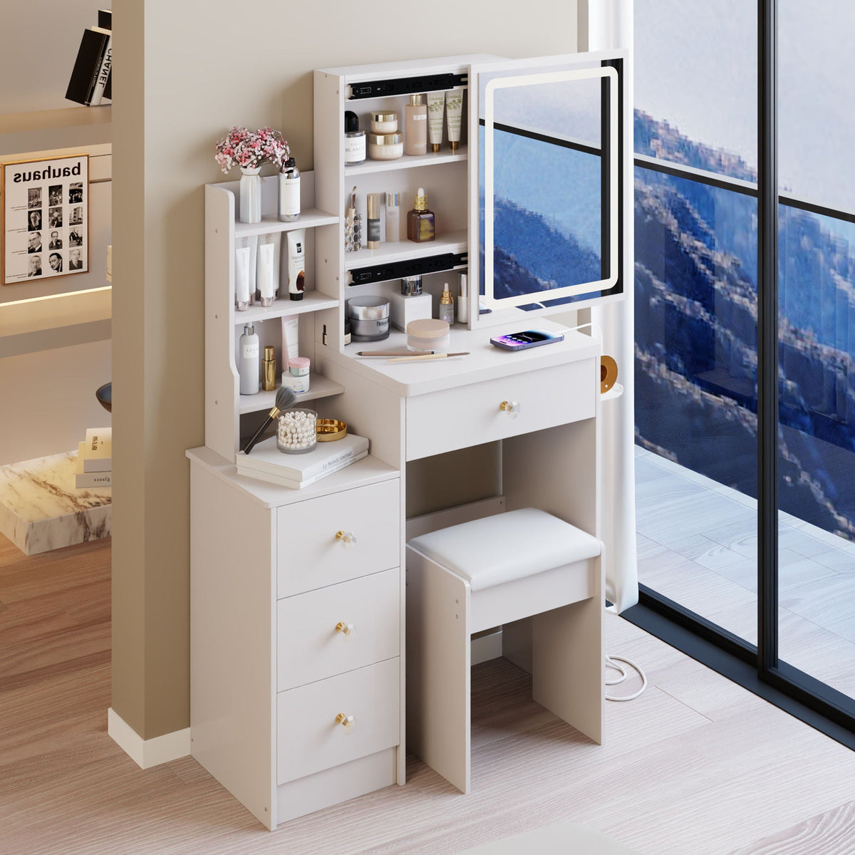 Cabinet Vanity Table & Cushioned Stool, USB Power Station, Hair Dryer Bracket - White, photo 6 of 12