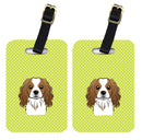 Checkerboard Lime Green Cavalier Spaniel Luggage Tag