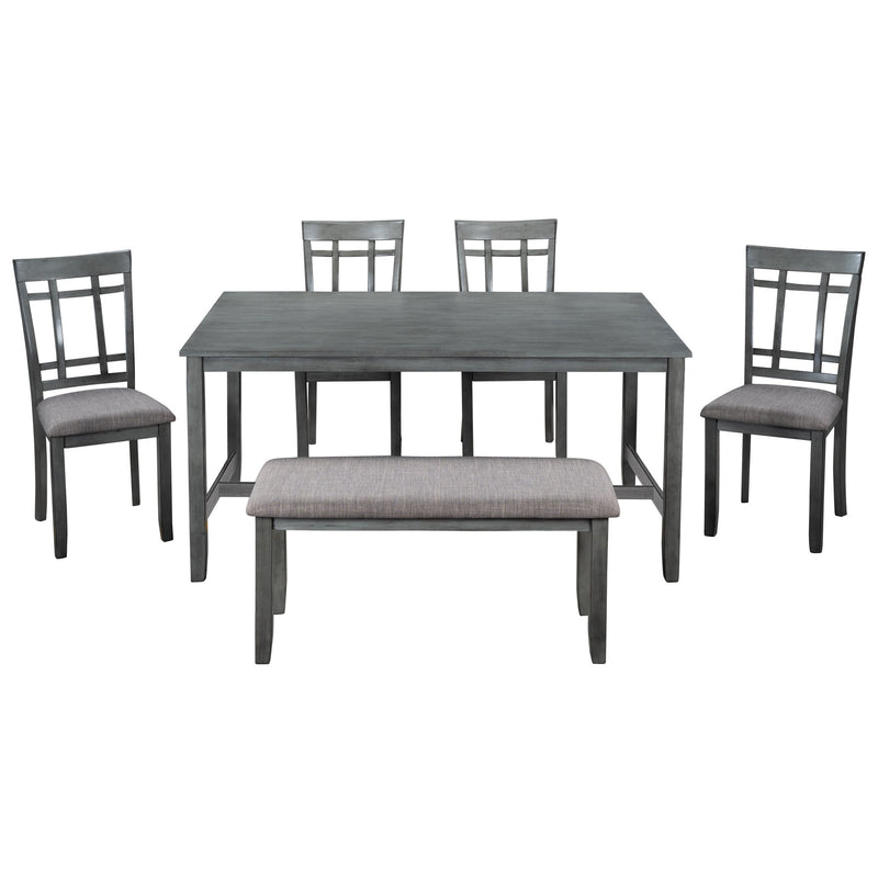 6 Piece Wooden Dining Table set, Kitchen Table set with 4 Chairs and Bench, Farmhouse Rustic Style,Gray