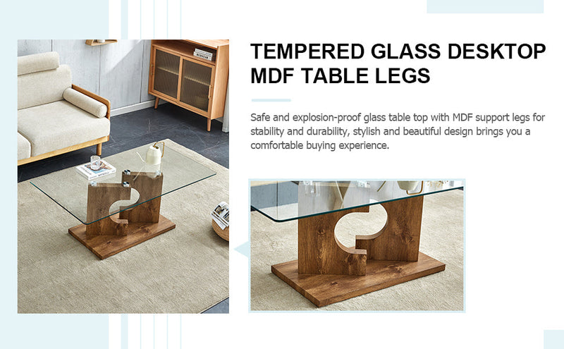 A rectangular modern and fashionable coffee table with tempered glass tabletop and wooden color MDF legs. Suitable for living room.47.2"x25.5"x18"