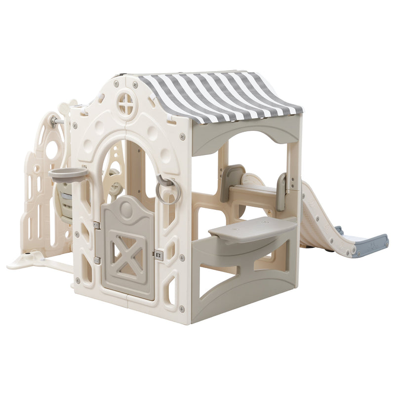 6 in 1 Toddler Slide and Swing Set, Kids Playground Climber Slide Playset with Fairy House, Freestanding Slide for Babies