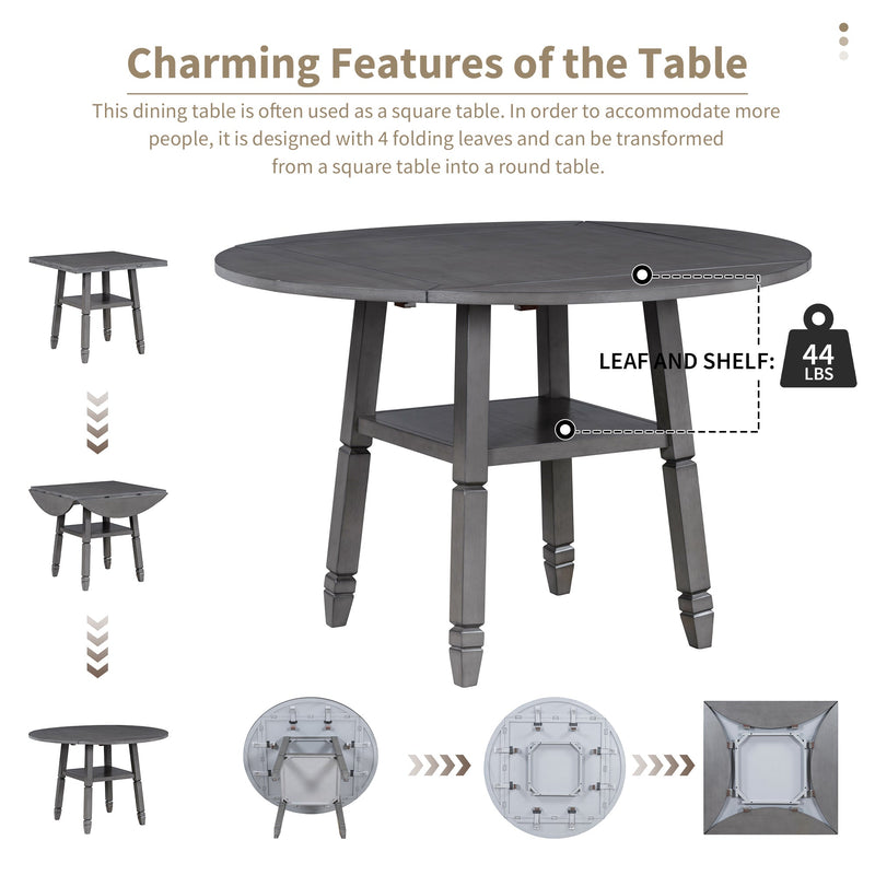 5-Piece Counter Height Dining Table Set in 2 Table Sizes with 4 Folding Leaves and 4 Upholstered Chairs for Dining Room (Gray+Beige Cushion)