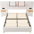 Full Size Upholstered Platform Bed, Two Outlets and USB Charging Ports on Both Sides, Two Bedside Pillows, Storage Shelves,Velvet,Beige