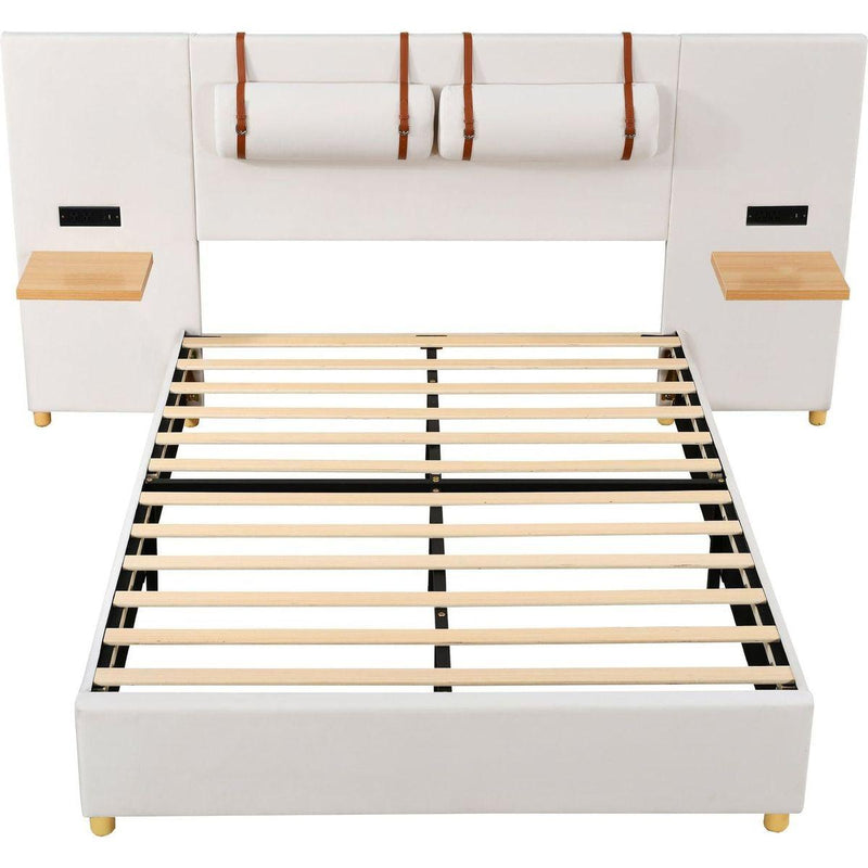 Full Size Upholstered Platform Bed, Two Outlets and USB Charging Ports on Both Sides, Two Bedside Pillows, Storage Shelves,Velvet,Beige
