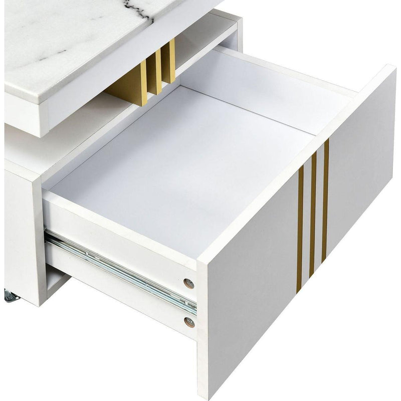 Modern Luxury TV Stand and Coffee Table Set of 2, High Gloss Faux Marble Top, TV Stand for TVs Up to 78", Rectangle Coffee Table with Caster Wheels for Living Room, White