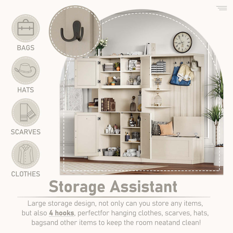 Multifunctional left-right combination hall cabinet (can be used separately) with storage and 4 hooks, storage cabinet/ hall tree 2 in 1 for living room, kitchen and hallway,antique Beige