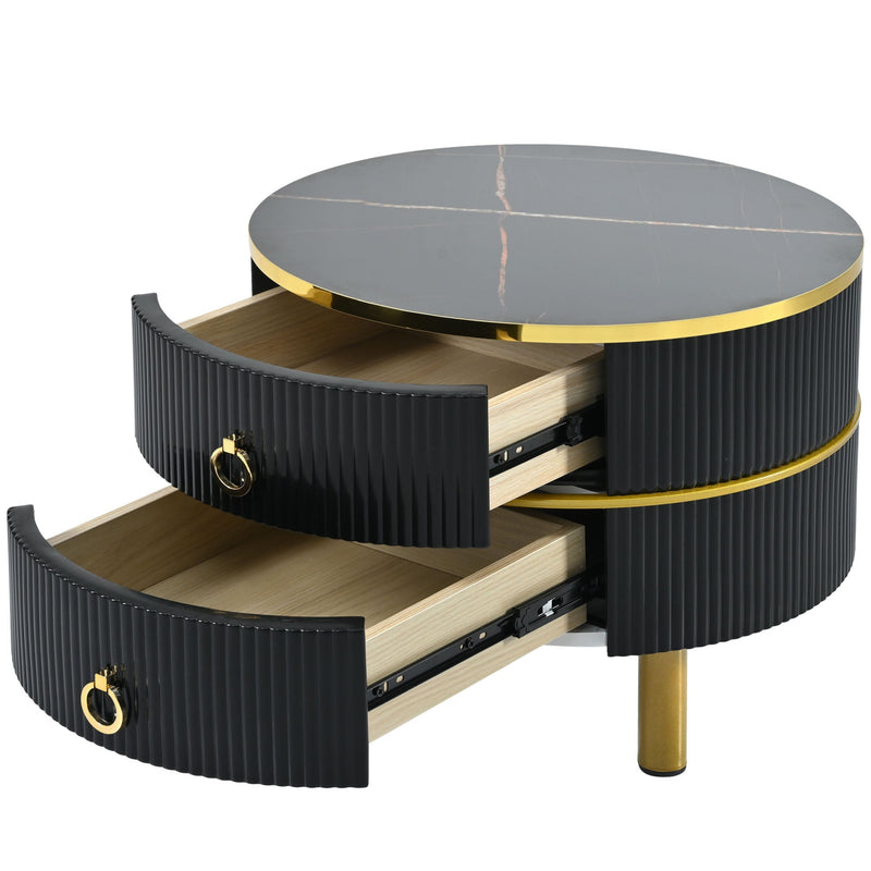27.5" & 19.6" Stackable Coffee Table with 2 Drawers, Nesting Tables with Brown Tempered Glass and High Gloss Marble Tabletop, Set of 2, Round Center Table for Living Room, Black