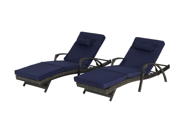 Outdoor Wicker Long Reclining Chair Set of 2 with Cushions, Wicker Reclining Lounge Chair Lawn Sunbathing Chairs Recliner up to 150° Beach Poolside Garden