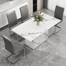 A simple dining table. A dining table with a white marble pattern. 4 PU synthetic leather high backrest cushioned side chairs with C-shaped silver metal legs. DT-SQ-16090-wh