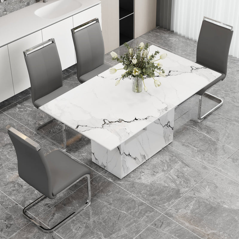A simple dining table. A dining table with a white marble pattern. 4 PU synthetic leather high backrest cushioned side chairs with C-shaped silver metal legs. DT-SQ-16090-wh