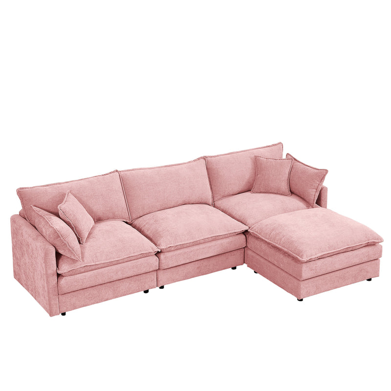 Contemporary Modular Sectional Sofa L Shaped 3-Seater with Movable Ottoman in Pink Chenille, 105 Inch