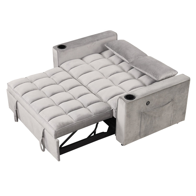 55.3" 4-1 Multi-functional Sofa Bed with Cup Holder and USB Port for Living Room or Apartments, Gray