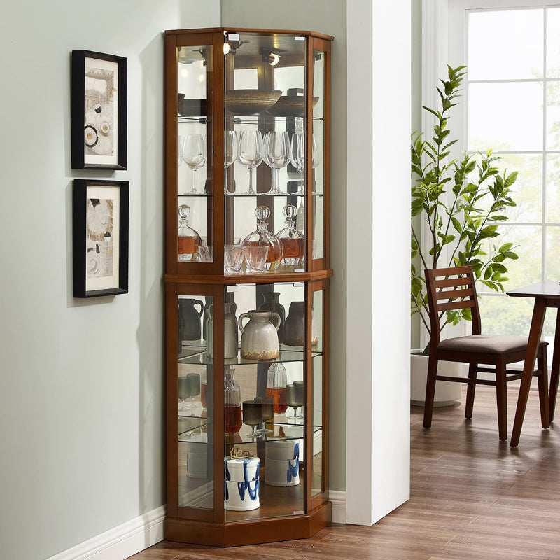 6 Shelf Corner Curio Display Cabinet with Lights, Mirrors and Adjustable Shelves, Walnut