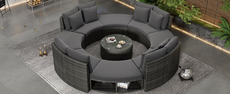 9-Piece Outdoor Patio Furniture Luxury Circular Outdoor Sofa Set Rattan Wicker Sectional Sofa Lounge Set with Tempered Glass Coffee Table, 6 Pillows, Grey