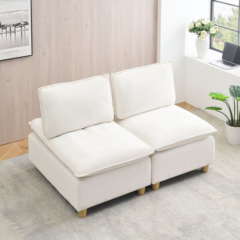 58-inch double-seat sofa in straight-row style, made of beige flannel, with a fashionable and minimalist design, which is suitable for the living room and balcony.