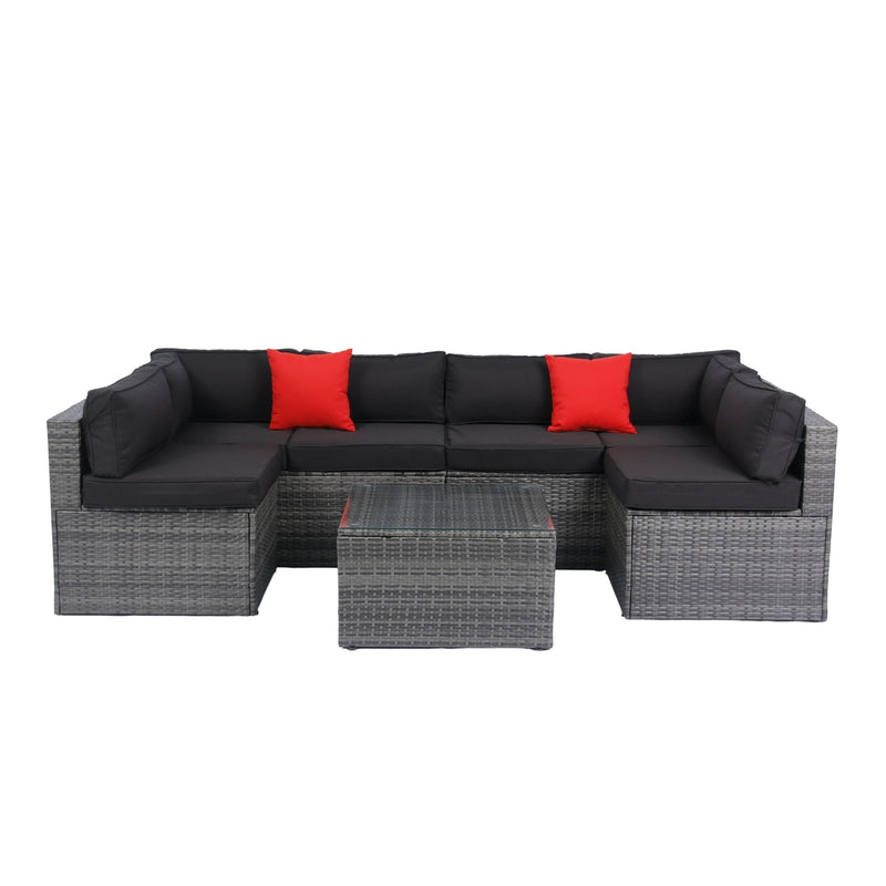 5 Pieces PE Rattan sectional Outdoor Furniture Cushioned U Sofa set with 2 Pillow Grey wicker + Black Cushion