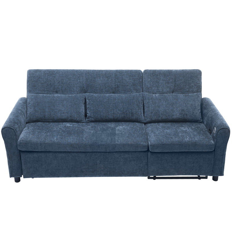 2-in-1 Sofa 82' Three-seater Sofa with Sofa Bed and Reversible Recliner, Blue Chenille