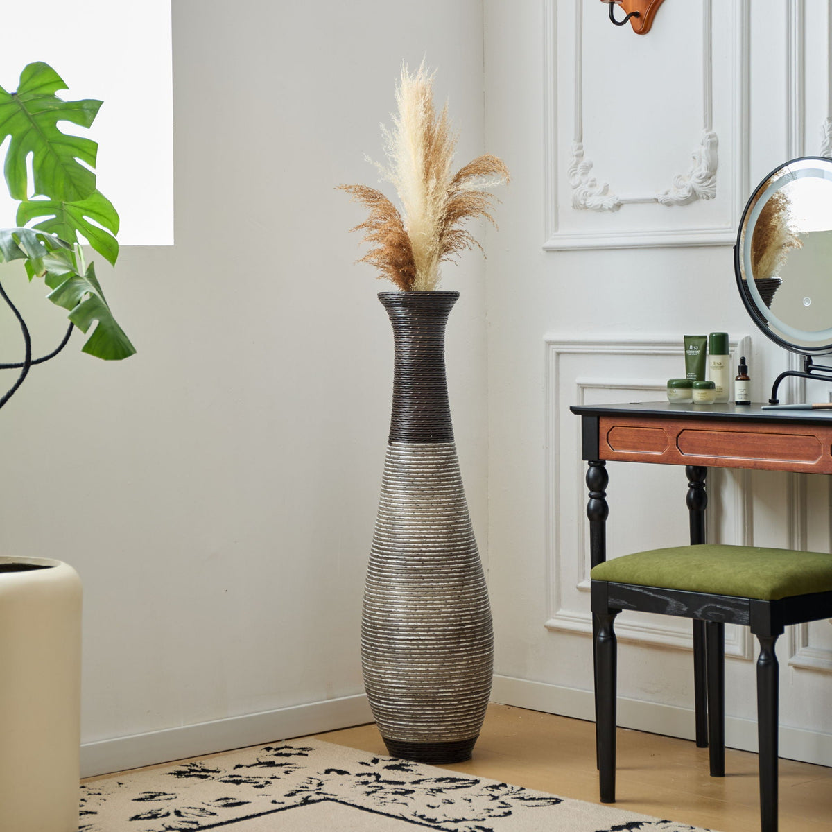 Tall Standing Designer Floor Vase Durable Artificial Rattan Elegant 2 Tone Finish Ideal Decor Accent For Living Room, Bedroom, Entryway Stylish Home Decor Statement Piece - Black / Gray, photo 11 of 17