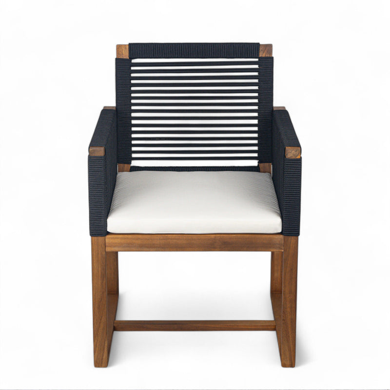 Outdoor Dining Chairs Set of 2, Acacia Wood Patio Armchair with Rope Design Back and Arms and Washable Cushion,for Backyard, Poolside, Garden,Black