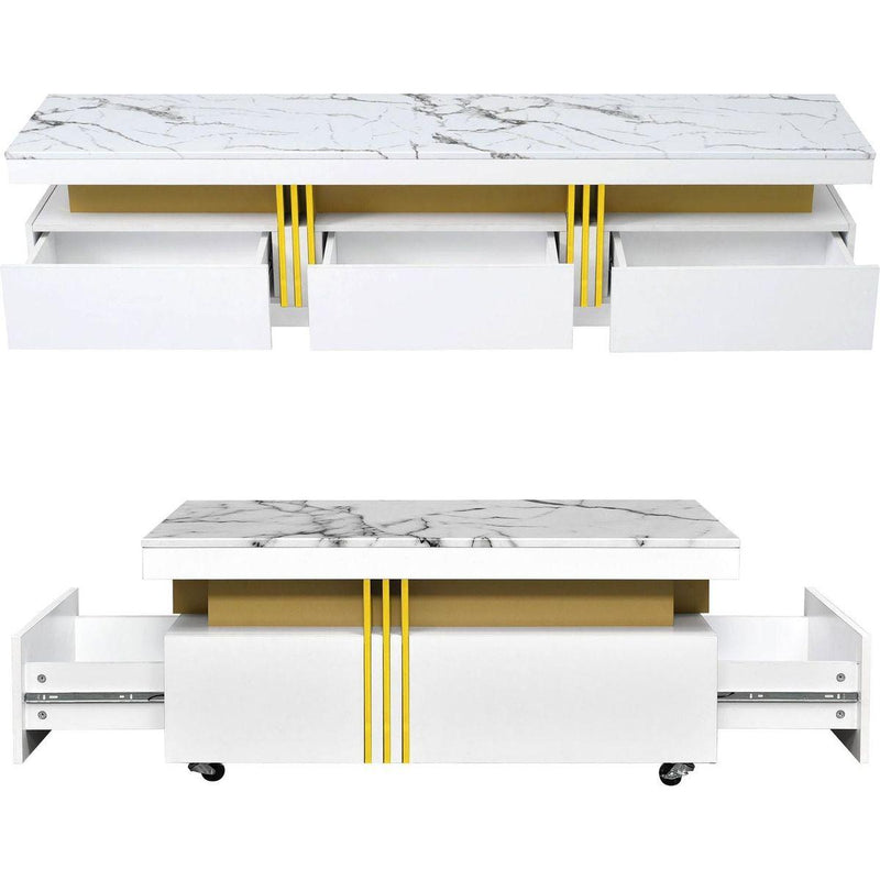 Modern Luxury TV Stand and Coffee Table Set of 2, High Gloss Faux Marble Top, TV Stand for TVs Up to 78", Rectangle Coffee Table with Caster Wheels for Living Room, White