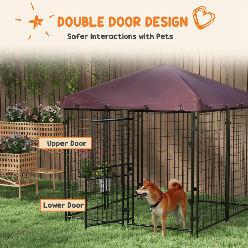 4.6' x 5' Dog Kennel Outdoor with Waterproof Cover, Dog Playpen for Small and Medium-Sized Dogs with Two Part Door Design, Brown