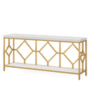 Extra Long Sofa Table With Diamond Pattern Frame, 2 Tier Open Storage For Living Room - White / Gold by HouseOfZazla