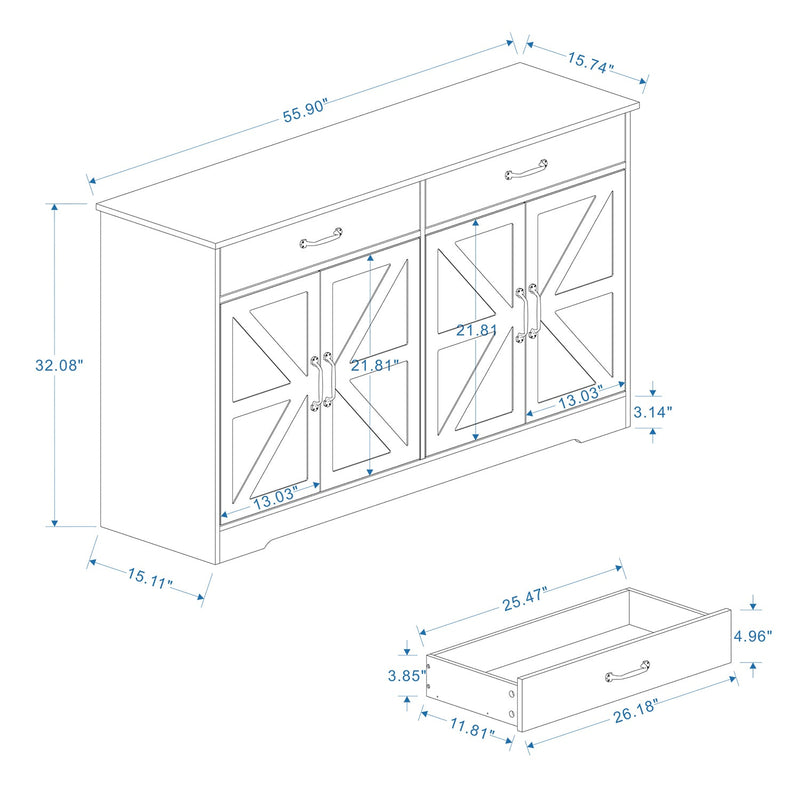 55.91" Large Farmhouse Buffet Cabinet Storage Sideboard with 2 Drawers and 4 Doors for Dining Living Room Kitchen Cupboard-White