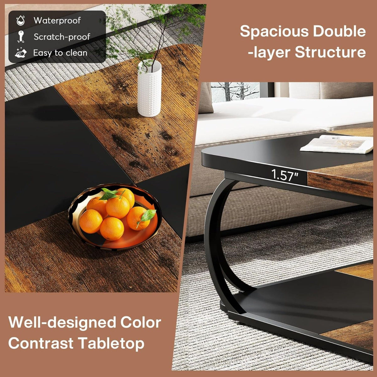 Square Coffee Table With Storage Shelf, 2 Tier For Living Room - Brown / Black, photo 7 of 12
