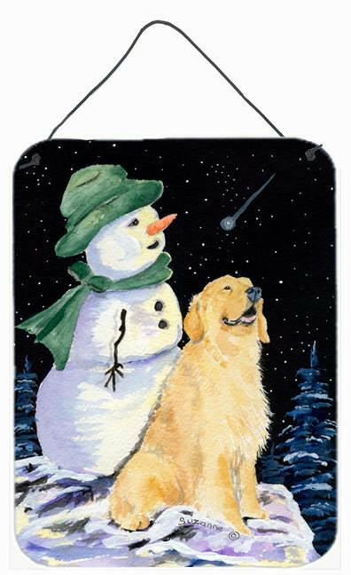 Golden Retriever with Snowman in Green Hat Wall or Door Hanging Prints