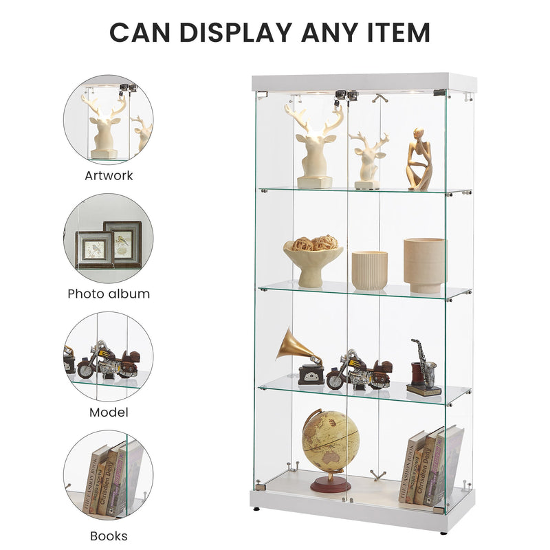 4-Tier Glass Display Cabinet, Double Door Glass Cabinet, Four Partitions, Two Locks, Floor Standing Storage Cabinet for Living Room, Bedroom, Showroom and Office, White, 31.5"L x 14.2"W x 66.3"H