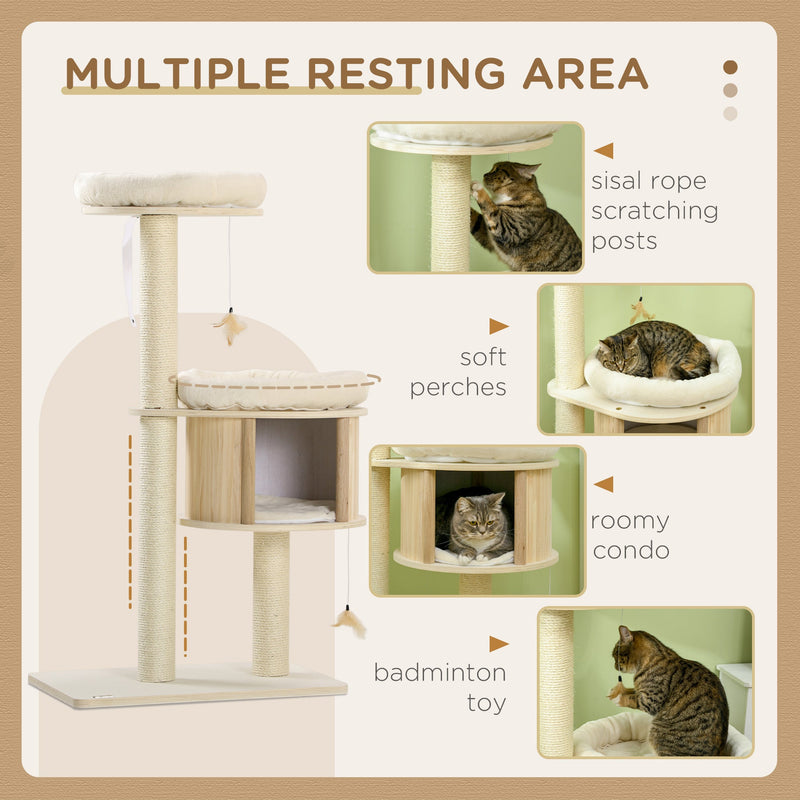3-Level Cat Tree with Sisal Scratching Posts, Fun Cat Badminton Toy for Playing, Soft Cushions, & Play Areas