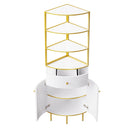 74.8" Tall Modern Corner Bookshelf,Fan-Shaped bookcase with 1 Drawer and 2 Doors, Wooden Standing Corner Shelf with Gold Metal Frame for Living Room,Home Office,White