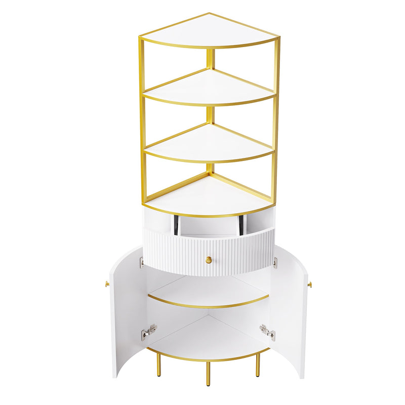 74.8" Tall Modern Corner Bookshelf,Fan-Shaped bookcase with 1 Drawer and 2 Doors, Wooden Standing Corner Shelf with Gold Metal Frame for Living Room,Home Office,White