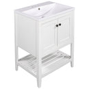 24" White Modern Sleek Bathroom Vanity Elegant Ceramic Sink with Solid Wood Frame Open Style Shelf