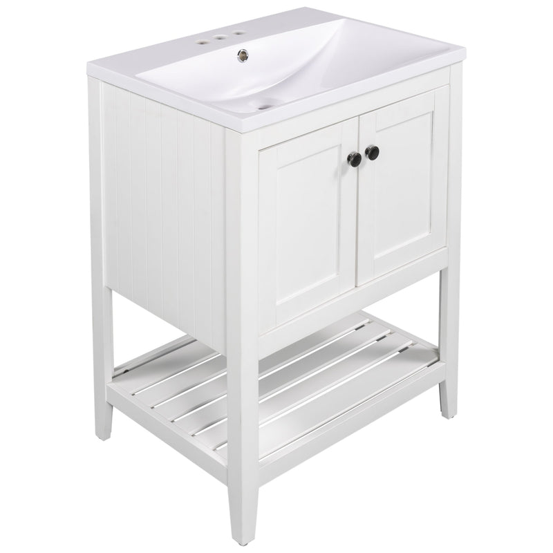 24" White Modern Sleek Bathroom Vanity Elegant Ceramic Sink with Solid Wood Frame Open Style Shelf