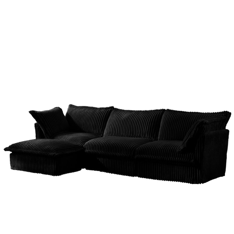 L-Shaped Slipcovered Sectional Sofa Couch, Comfy Deep Seat Cloud Couch with Convertible Ottoman & 2 Big Pillows, Modern Oversized 3 Seater Slipcovered Sofa Set for Living Room Office, Black Corduroy