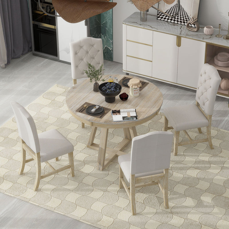 5-Piece Retro Functional Dining Set, Round Table with a 16"W Leaf and 4 Upholstered Chairs for Dining Room and Living Room (Natural)