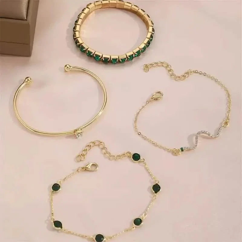 4pcs Green Emerald Rhinestone Snake Bracelet Set for Women, photo 3 of 3