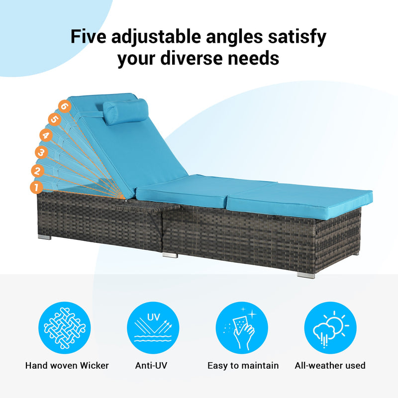 Outdoor Chaise Lounge Chair Set of 2 with Storage Patio Pool Chairs Tanning Lounges for Outside,Beach Rattan Recliners with Adjustable Backrest, Table, Cushion for Poolside Backyard Garden