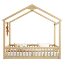 Double Twin House-Style Floor Bed with Fence, Guardrails, without door, Natural(Old Sku:W504P143318)
