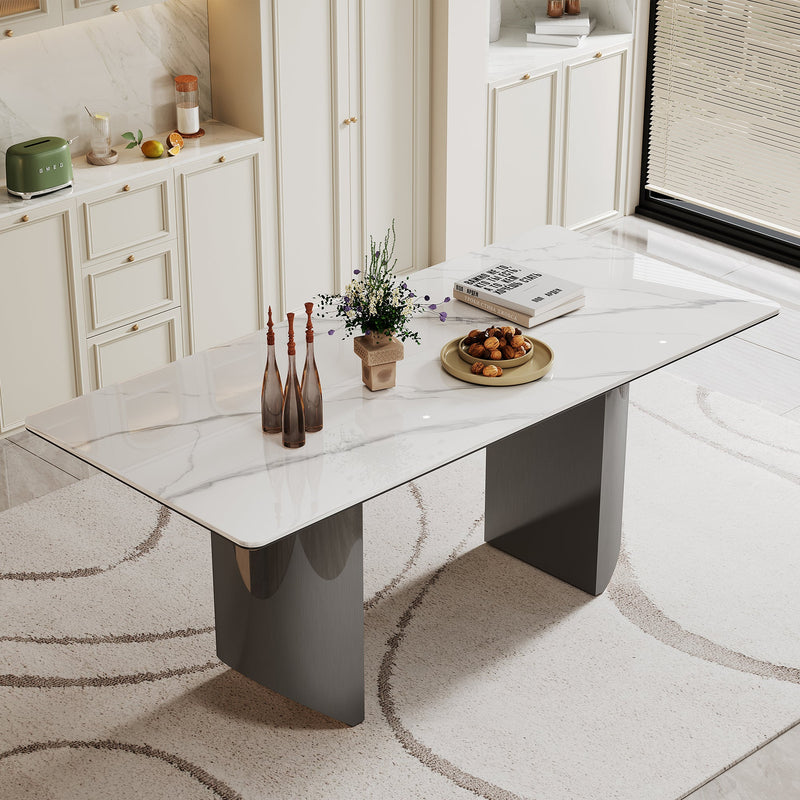 0.47" Thick Sintered Stone Composite Tempered Glass Top Dining Table with Stainless Steel Base