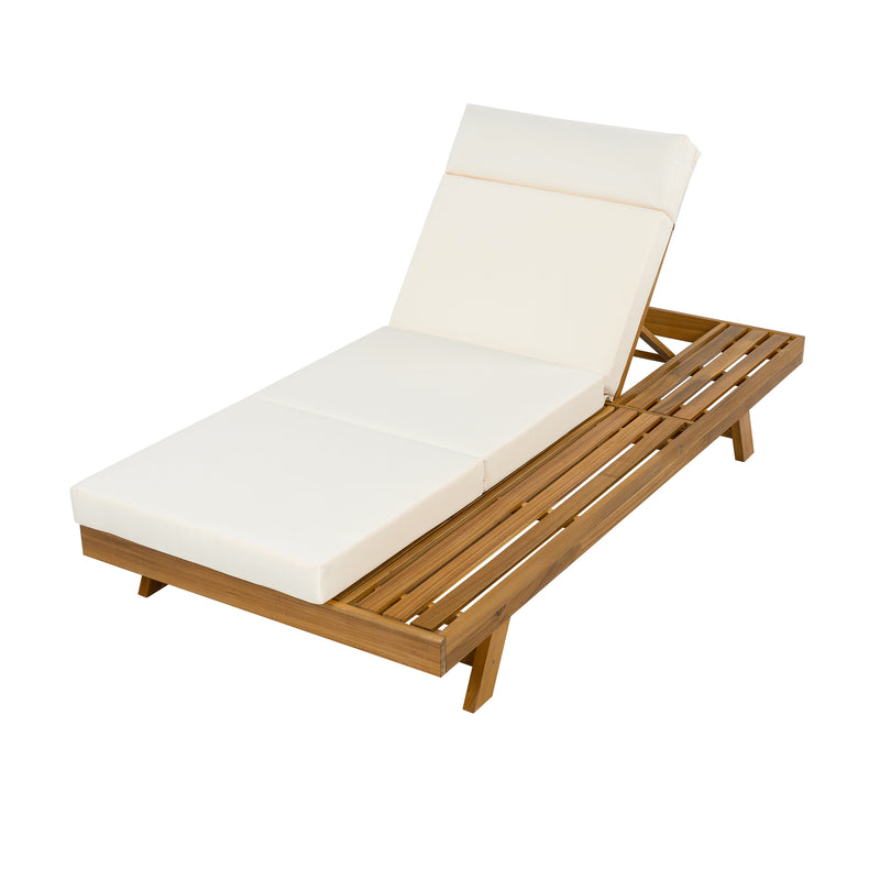 Acacia Wood Lounge Chaise Set with Headrest and Water-Resistant Cushions in Beige
