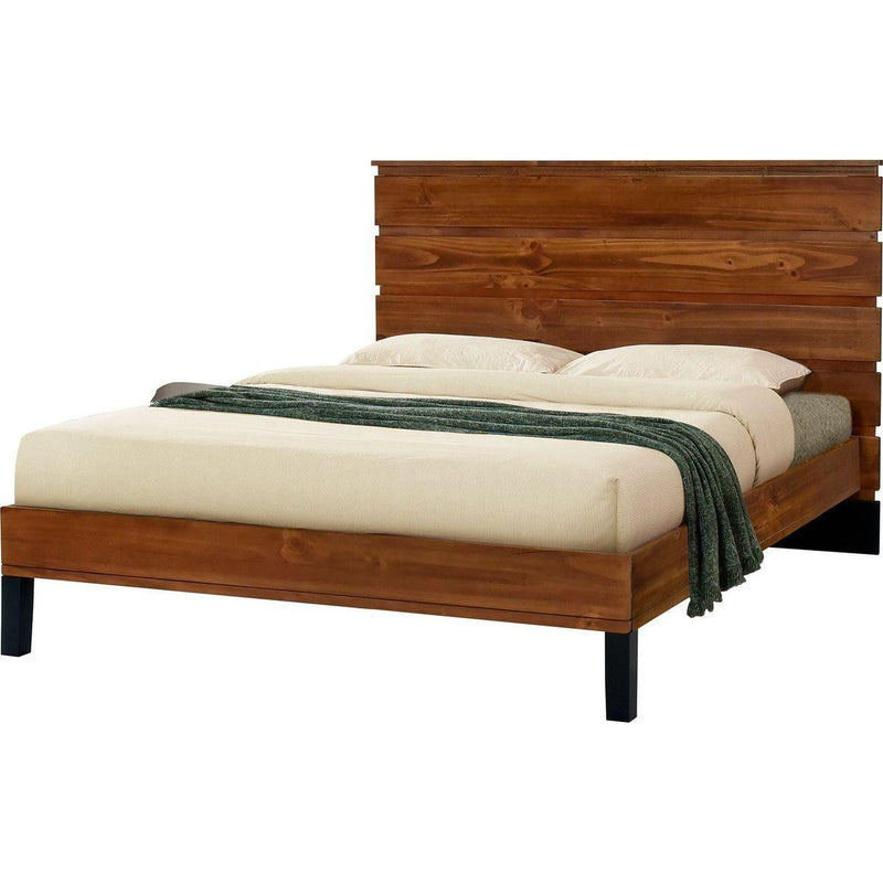 Mid-Century Modern Solid Wood Bed Frame Queen Size Platform Bed with Six-Piece Headboard Design, No Box Spring Needed, Brown