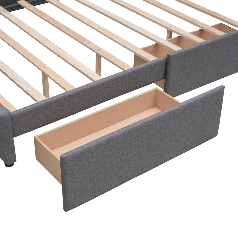 Upholstered Platform Bed with 2 Drawers and 1 Twin XL Trundle, Linen Fabric, Queen Size - Dark Gray
