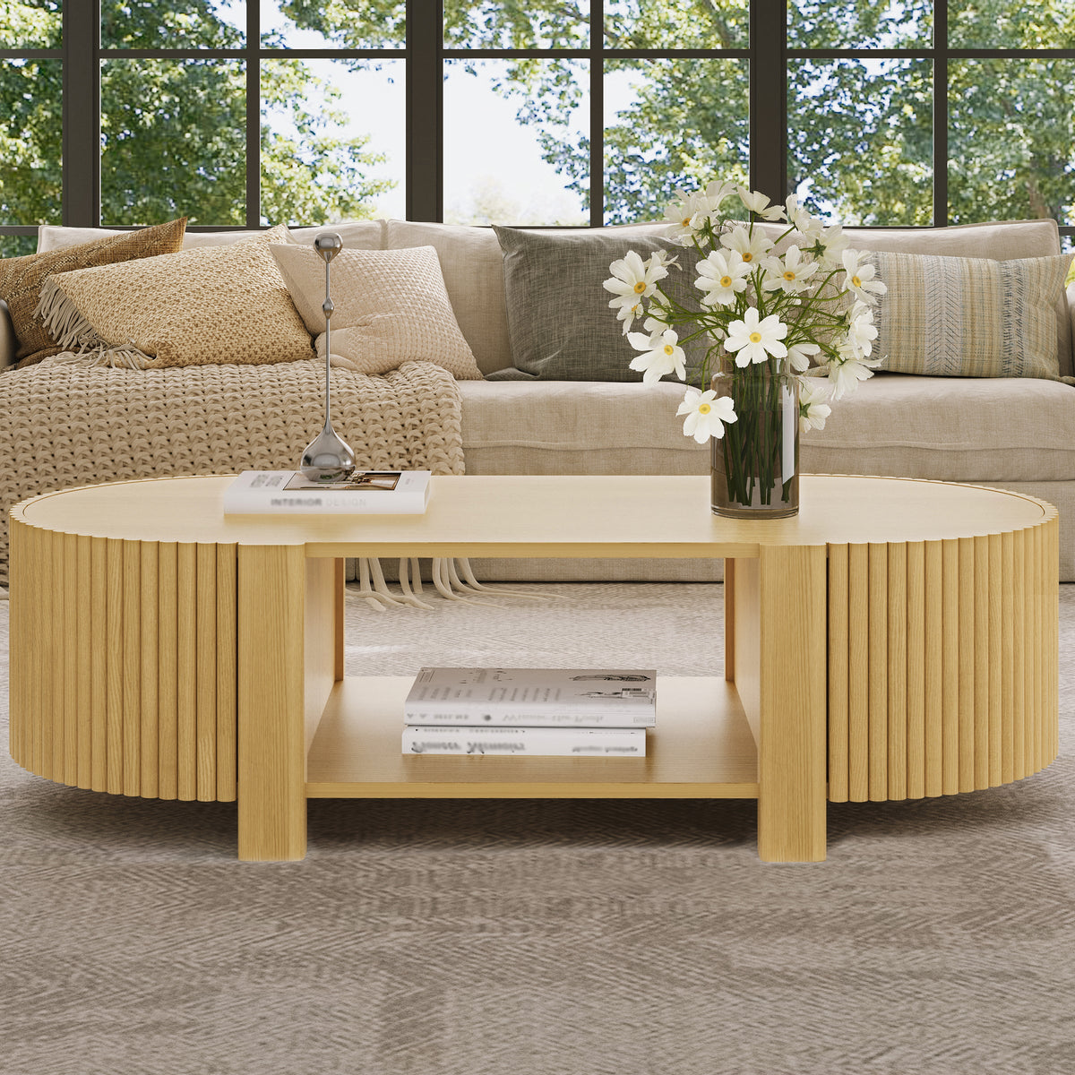 Oval Fluted Coffee Table with Storage for Living Room, photo 4 of 10