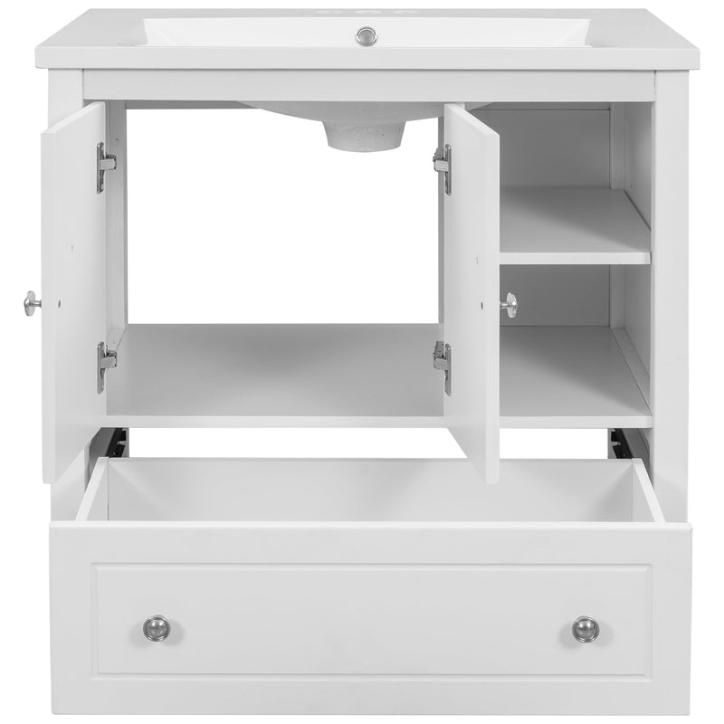 30" Bathroom Vanity with Sink, Bathroom Storage Cabinet with Doors and Drawers, Solid Wood Frame, Ceramic Sink, White