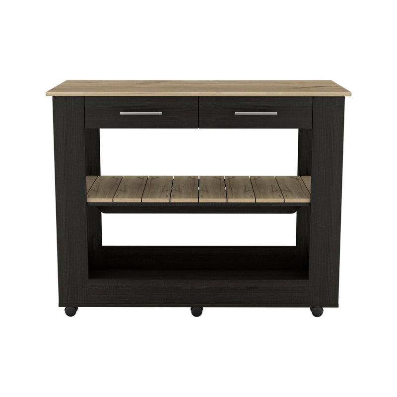 Cala Kitchen Island 46, Six Casters, Two Drawers, Lower Open Shelf -Black / Light Oak