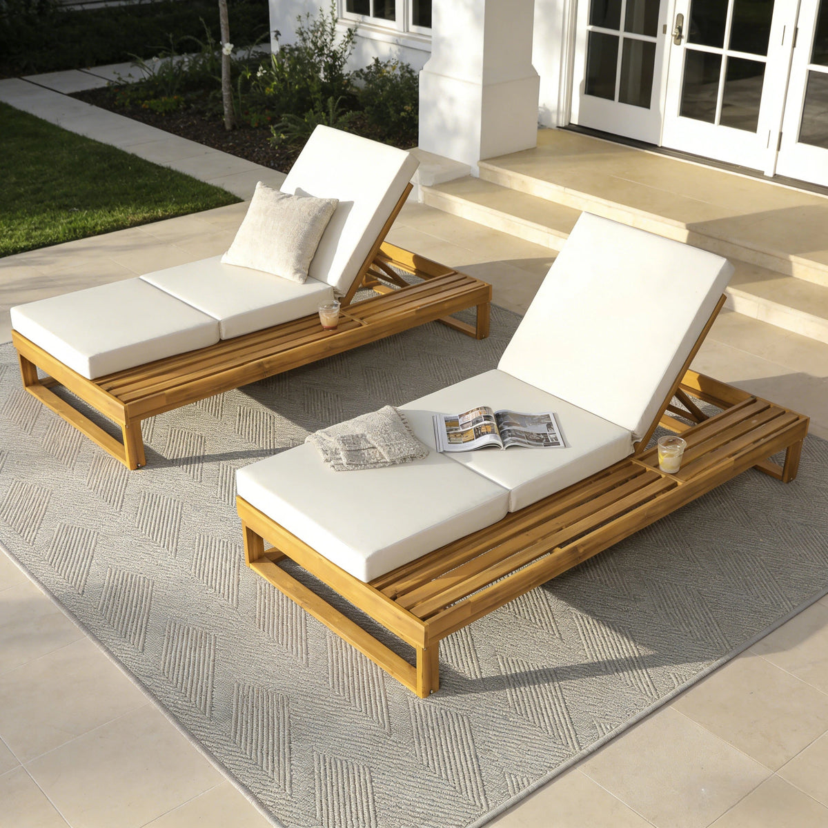 Teak Finish Acacia Wood Chaise Lounge with 4-Inch Cushion, photo 9 of 10