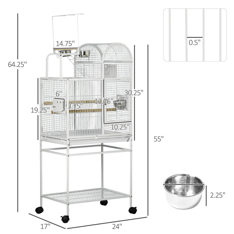 55" Large Parrot Cage with Toy Hooks Above Top Bird Perch, Tray, Food Cups, Rolling Stand, Bird Cage for Cockatiels, Parakeets, Lovebirds